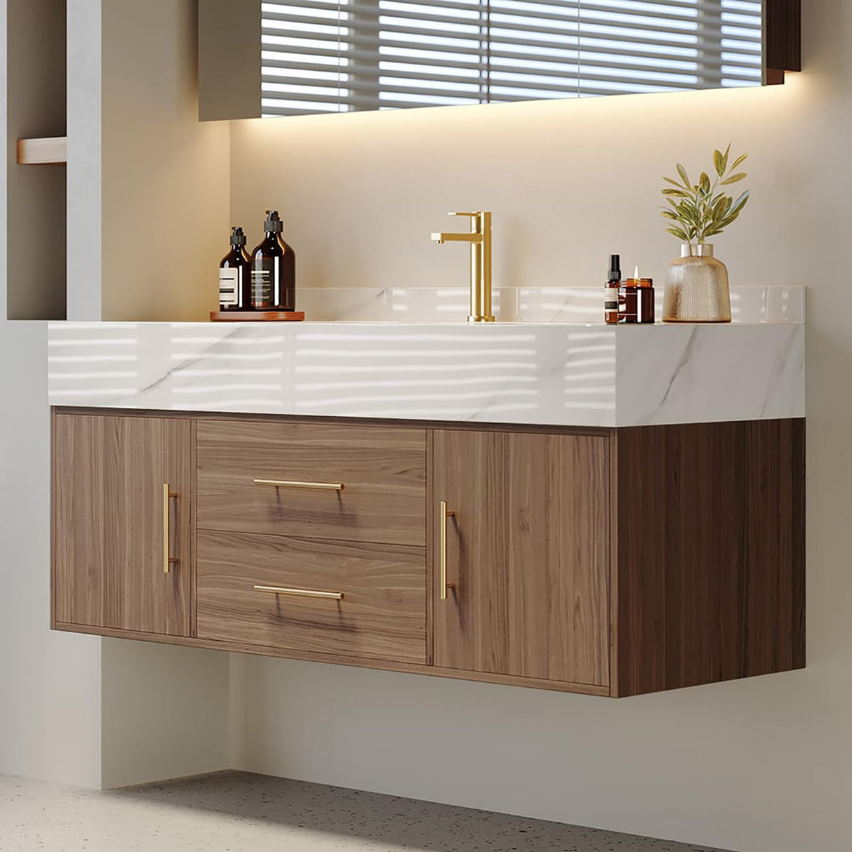 Weibath Modern 39" White Floating Bathroom Vanity Set Stone Top Wall Mounted Bathroom Cabinet (Walnut&White) Weibath