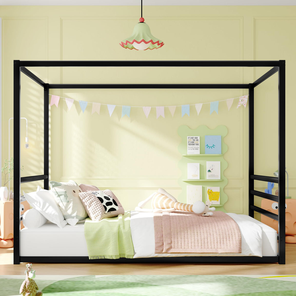 Queen Size Canopy Bed Frame with 4 Posters and Guardrails, Queen Size Montessori Floor Bed with High Fence, Anti Bump Design, Easy Assemble, Metal Montessori Bed Black Bellemave