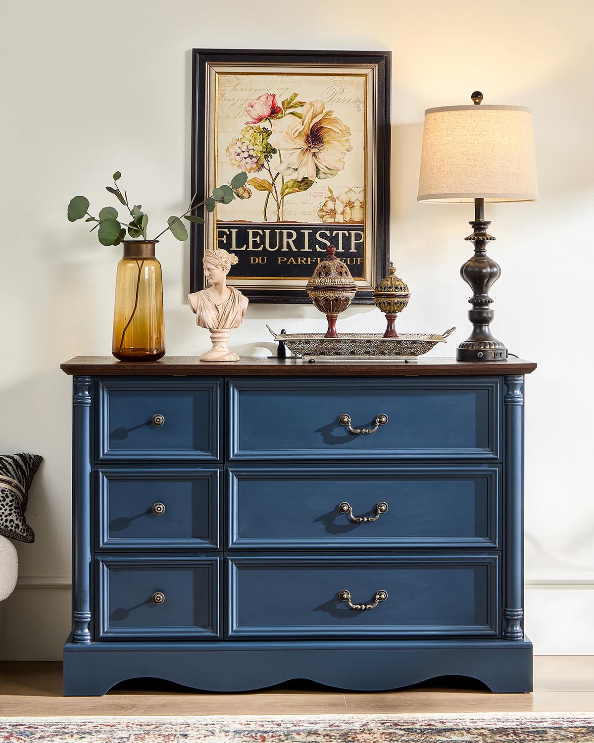 6 Drawers Dresser, Farmhouse Chest of Drawers with Charging Station, Refined Blue Finish Design, Modern Storage Dressers Organizer TV Stand for Bedroom, Living Room, Hallway, Indigo Blue LegacyAmerhome