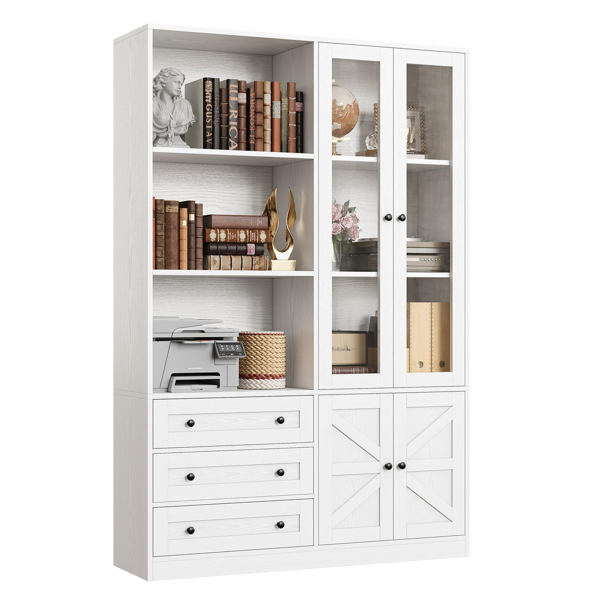 IRONCK Bookshelf with Drawers, 70.63 inch Tall Bookcase with Farmhouse Doors, 6 Tiers Book Shelf with Acrylic Doors, Bookshelves and Bookcases for Home Office, Living Room, Bedroom, White IRONCK