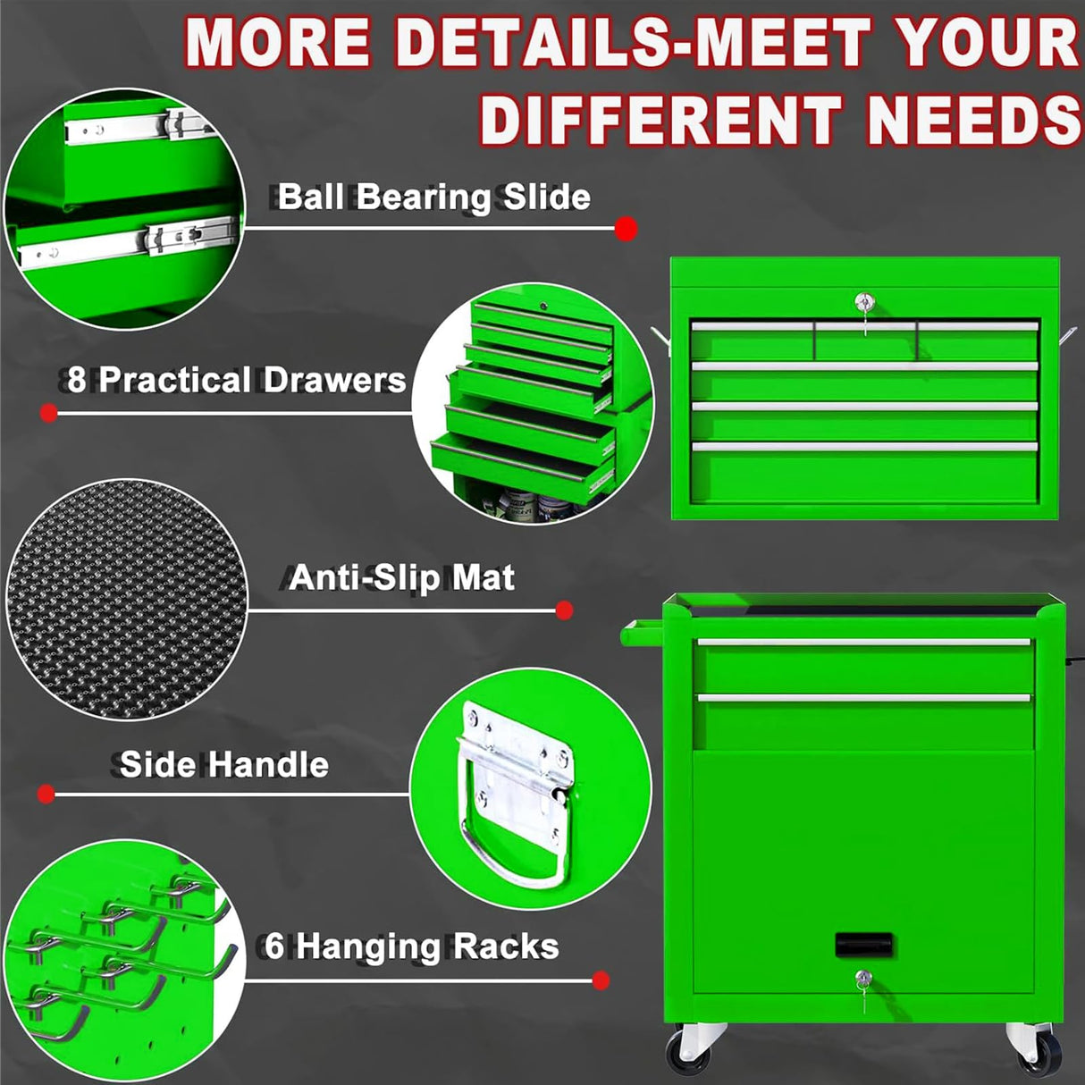 Dawmilon 8-Drawer Rolling Tool Chest, 2-in-1 Tool Box Organizer with Lockable Wheels, Sliding Drawers, and Detachable Top, Garage Workshop Tool Storage Cabinet, Green Dawmilon