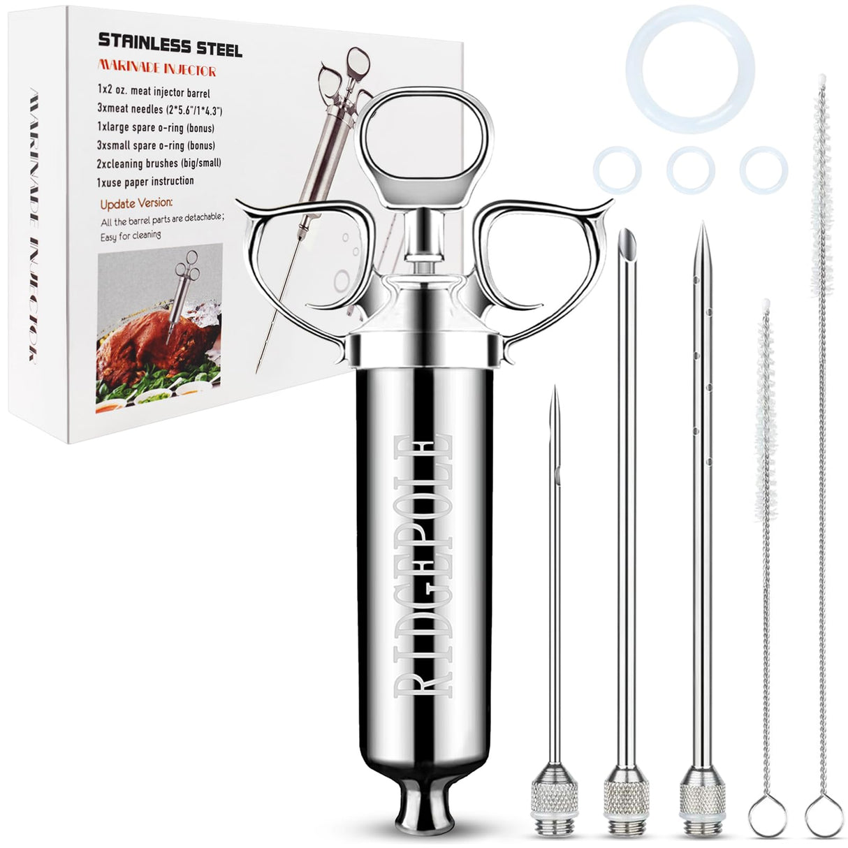 RIDGEPOLE Meat Injector, Marinade Injector with 3 Marinade Needles,Seasoning Injector, Turkey Injector Syringe,2-OZ Large Capacity, All Stainless Steel 2024 UPDATE RIDGEPOLE