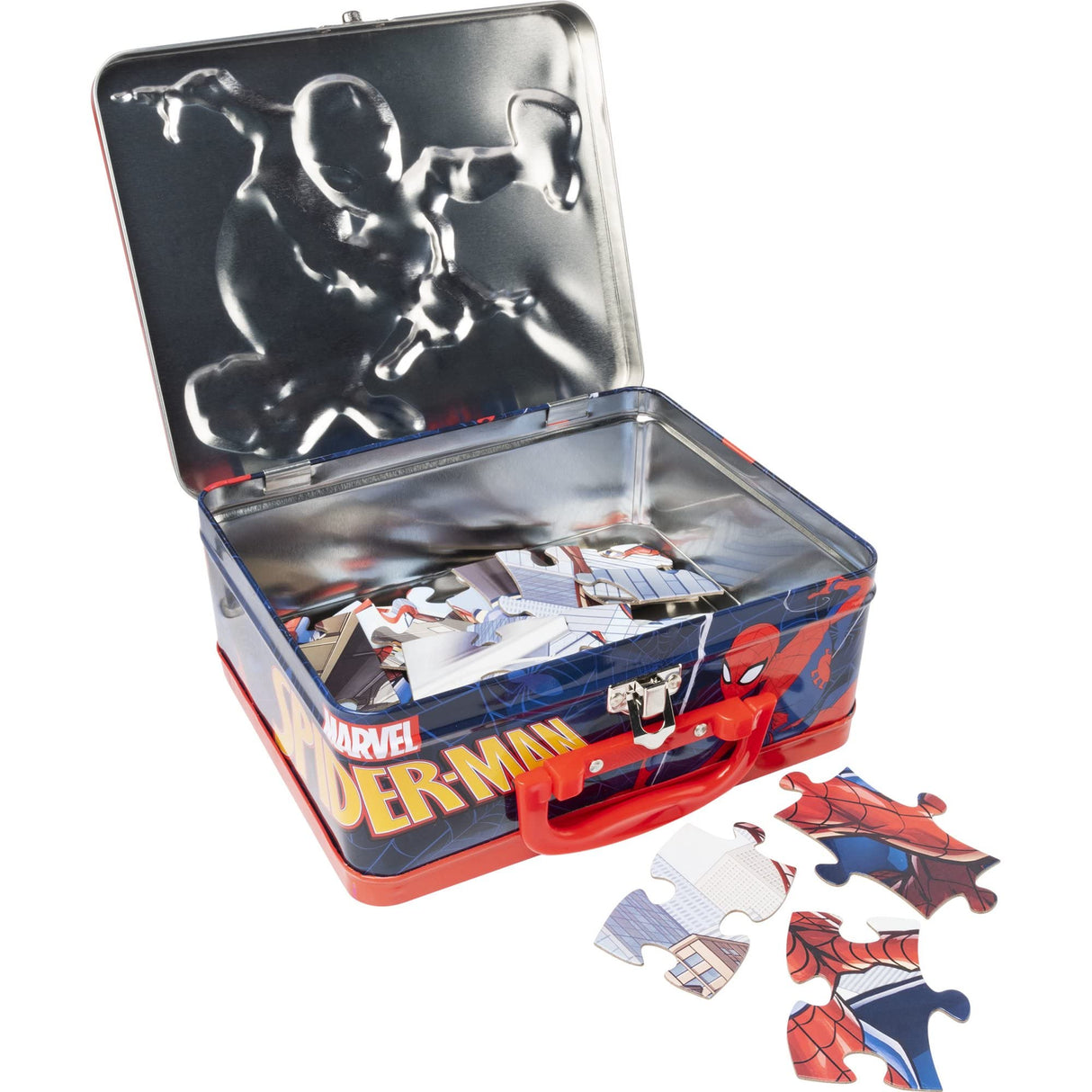 Marvel Spiderman 48 Piece Puzzle in Tin Lunchbox, Red, Blue, White Marvel