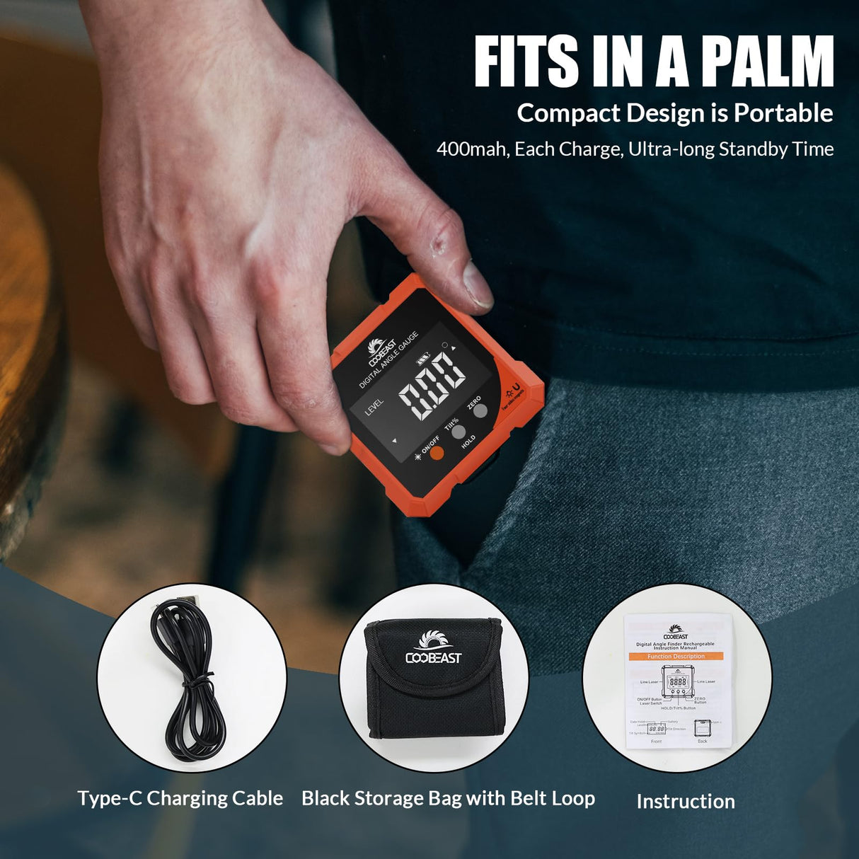 Coobeast Digital Angle Finder Magnetic, Rechargeable Digital Angle Gauge, Mini Protractor Angle Finder Measuring Tool for Woodworking Tablesaw(Laser Level is Class II, Output<5mW), Gift for Men coobeast