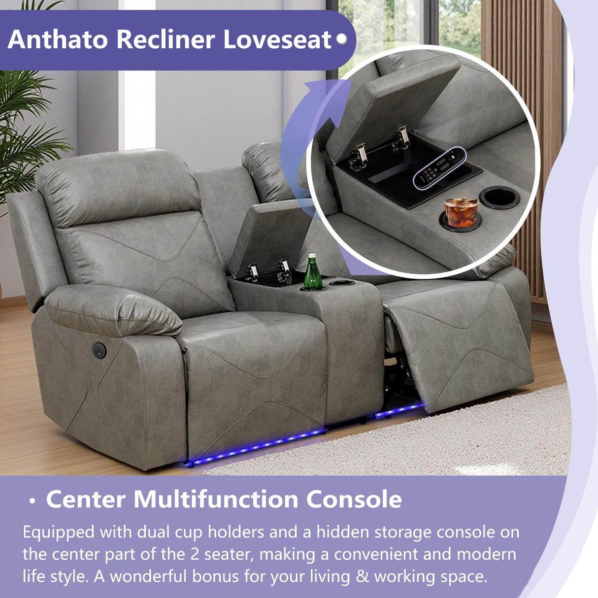 Anthato Power Recliner Sofa Set, Living Room Furniture Sets, 3-Piece Reclining Leather Sofa Loveseat Chair, Living Room Couch Set with Cup Holders/Coffee Table/LED Light for Home Theater/Office,Grey#2 Anthato