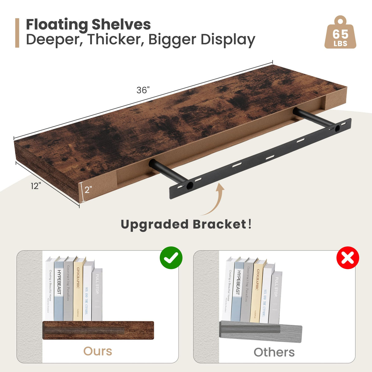 Heimlove 12" Deep Floating Shelves, 36 x 12 Inch Wall Mounted Long Floating Shelf with Invisible Brackets, for Home Decor, Bedroom, Kitchen, Living Room, Bathroom - 2 Pack, Rustic Brown Heimlove