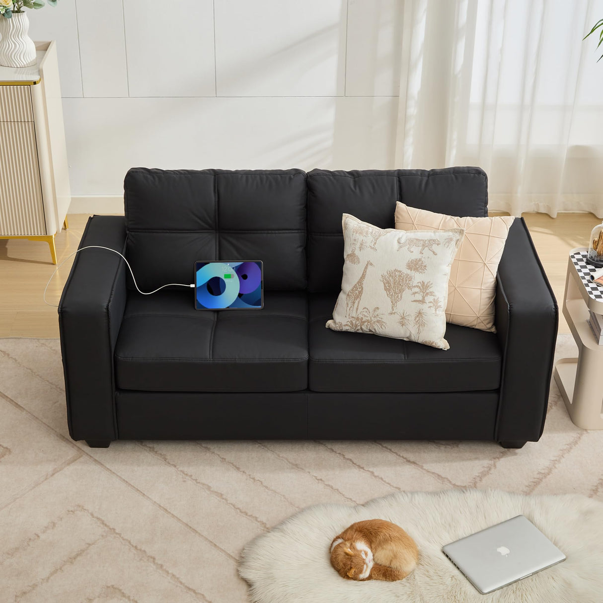 TYBOATLE 65" Black Faux Leather Sofa Couches for Living Room, Mid-Century Modern Tufted Comfy Small Loveseat w/USB Charging Ports and Wide Arms, 2 Seater Office Small Couch for Small Space Bedroom TYBOATLE