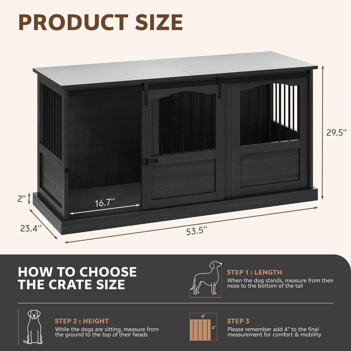 Homiflex 53.54 Inch Wooden Dog Crate Furniture Heavy Duty Dog Kennel Furniture with Sliding Doors for Large Breed Decorative Solid Wood Dog Cage End Table for Indoor, Dark Grey Homiflex