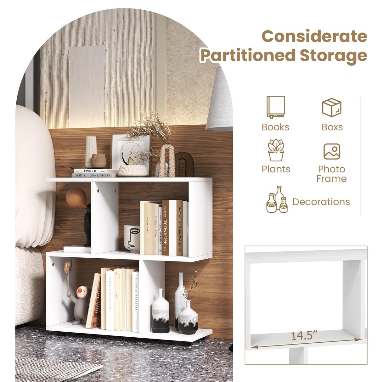 Tangkula 2 Tier Geometric Bookshelf, Freestanding Wood Display Shelf, Home Office Room Divider S Shaped Open Bookcase, Small Bookshelf for Small Spaces, Living Room, Study (White, 1) Tangkula