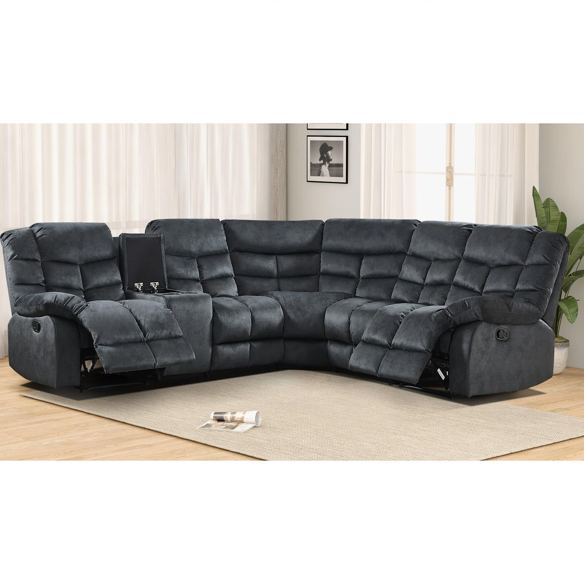 EBELLO Manual Reclining Sectional Sofa Set for Living Room, Soft Fabric Recliner Corner Sectional Couch with Center Console, Cup Holder and Storage, Grey EBELLO