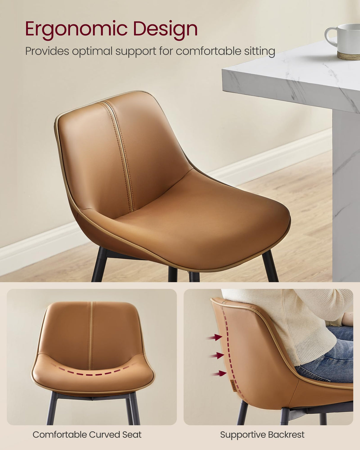 VASAGLE Bar Stools Set of 2, Bar Height Bar Stools with Back, Ergonomic Backrest, Synthetic Leather, Metal Legs, 28.7-Inch Tall Stools for Kitchen Island Home Bar, Caramel Brown ULBC888K01 VASAGLE