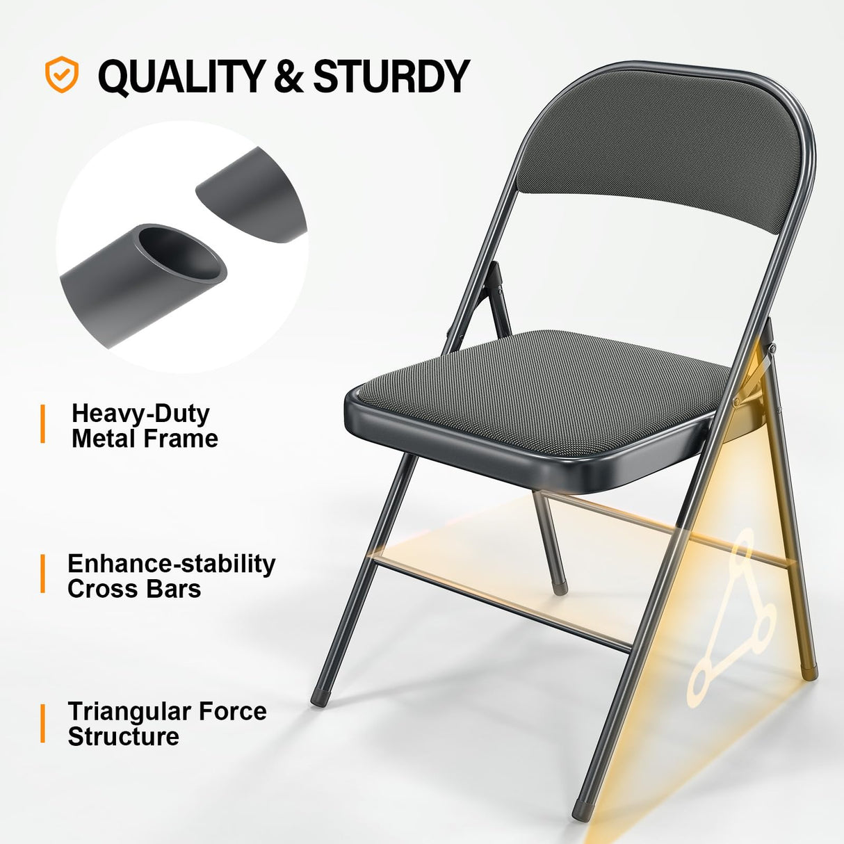 VINGLI 6 Pack Gray Folding Chairs with Padded Seats, Metal Frame with Comfortable Fabric Seat & Back, Capacity 350 lbs VINGLI