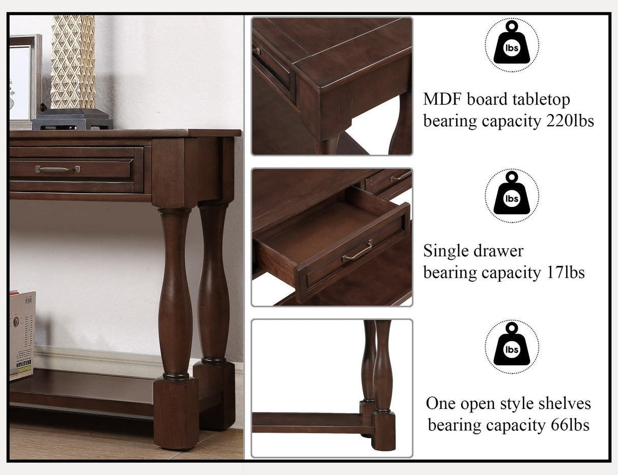 L“KeKe 63inch Solid Wood Console Table with 3 Drawers and 1 Bottom Shelf Extra-Thick Sofa Table(Light Espresso) L“KeKe