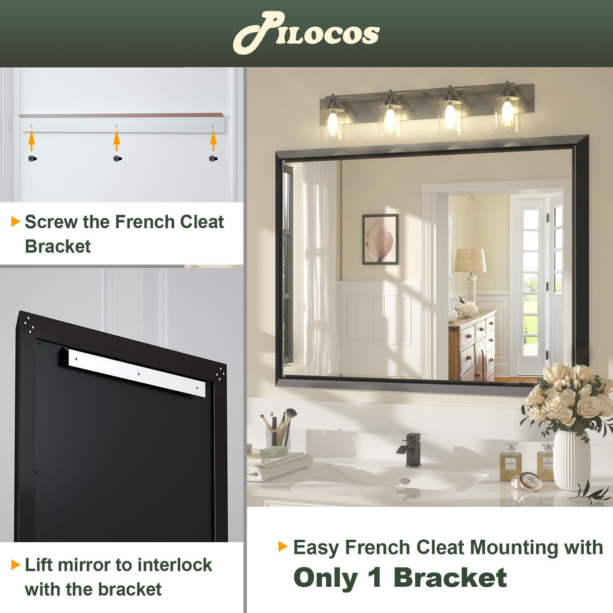 PILOCOS 55X36 Inch Black Metal Framed Bathroom Mirror for Wall, Matte Black Bathroom Vanity Mirror Farmhouse Large Rectangle Mirror, Anti-Rust, Tempered Glass, Hangs Horizontally or Vertically PILOCOS