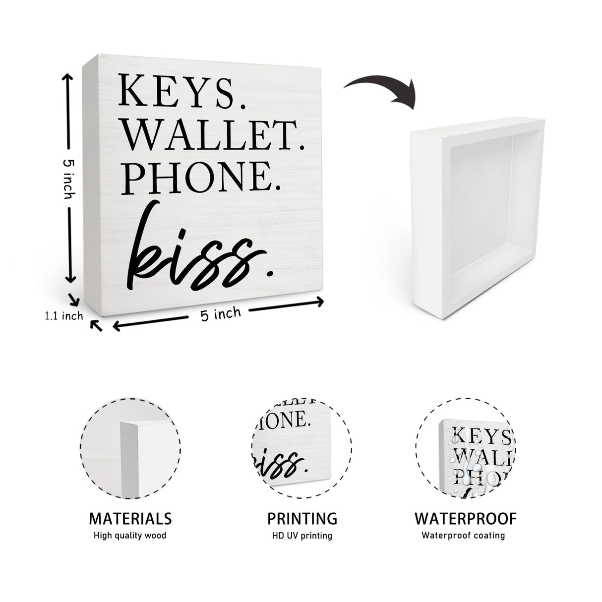 Entryway Table Decor Wooden Box Sign,Keys Wallet Phone Kiss Wood Box Sign Desk Decor, Entry Way Decor,Entry Way Table Home Decor OFlich