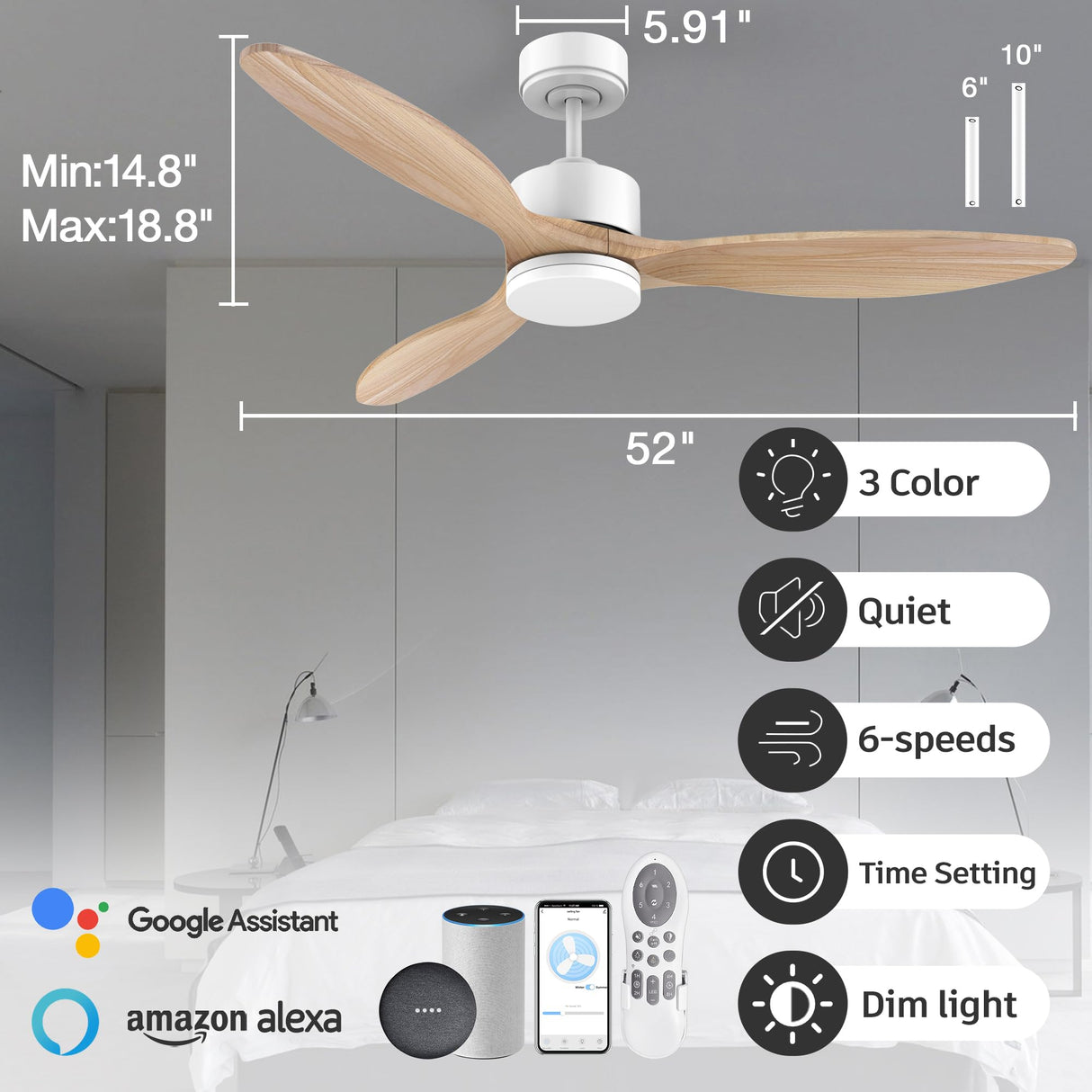 52” Wood Smart Ceiling Fans with Lights Remote,Quiet DC Motor,Outdoor Indoor Ceiling Fan Work with Alexa Google Voice App,Dimmable LED Light,6-Speed,Modern Farmhouse Ceiling Fans for Bedroom Patio cumilo