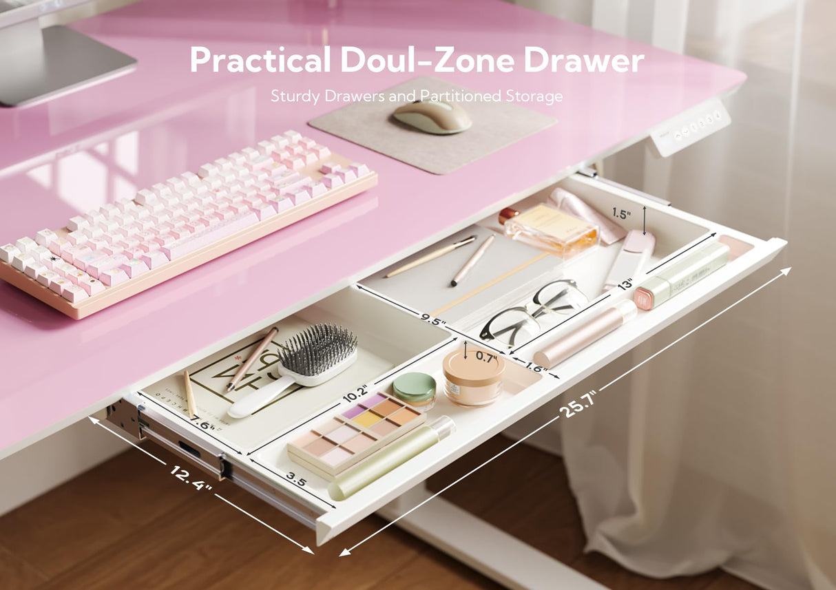 INNOVAR Glass Standing Desk with Drawers, Adjustable Height Electric Stand Up Desk, Small Standing Desk with Storage, 40 inch, Morandi Powder INNOVAR