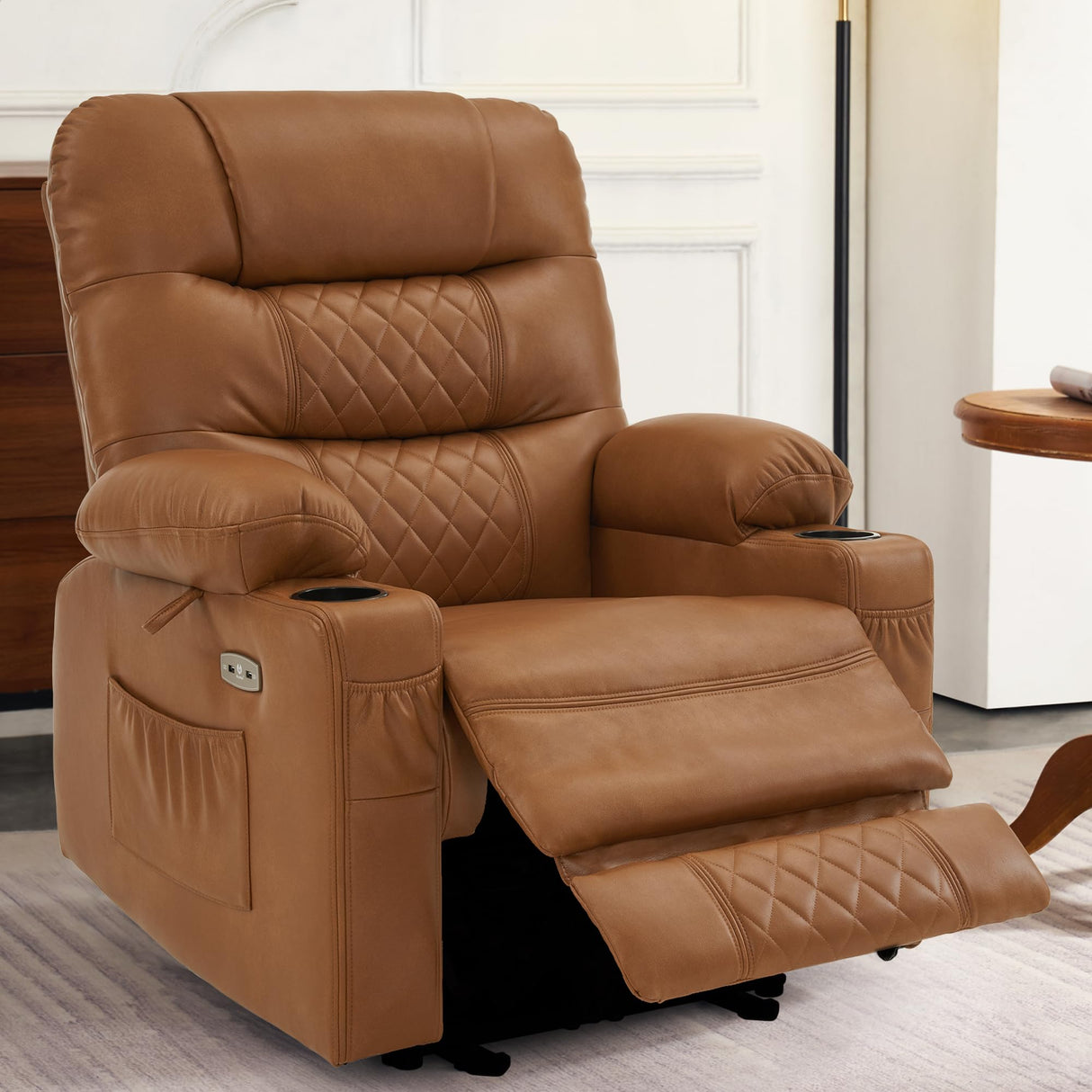 MCombo Power Recliner Chair, Electric Reclining with Heat and Vibration for Adult, Cup Holder, USB Port, Extended Footrest, Faux Leather, for Living Room, PR621 (Saddle) MCombo