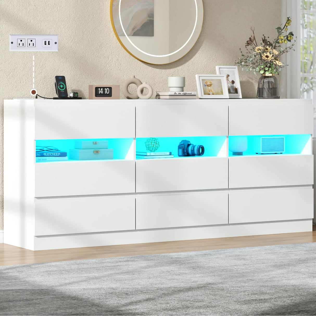 Loomie 9 Drawer Triple Dresser with Charging Station & Led Lights for Bedroom,Long 63" White Dresser TV Stand for TVs up to 75",Wide Large Drawer Dressers Organizer with 3 Open Cubbies for Hallway Loomie