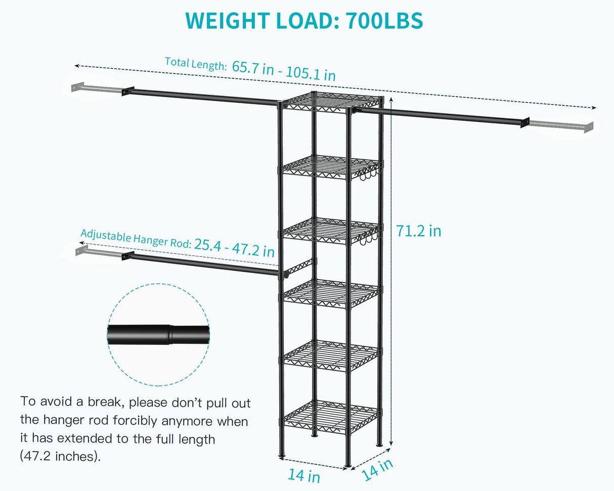 Ulif M1 Closet Storage Organizer System, 6 Tiers Heavy Duty Metal Garment Rack with 3 Expandable Hanger Rods, Wall Mounted Space Saver Suits from 5.4-8.7 ft. Width, 71.2”H x 14”D, 700LBS, Black Ulif