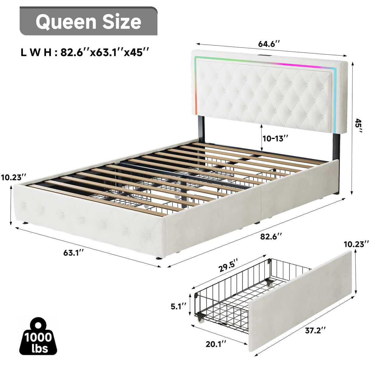 LED Queen Bed Frame with 4 Storage Drawers and Adjustable Headboard, Modern Velvet Upholstered Platform Bed Frame Queen Size with Charging Station, Wooden Slats Support, No Box Spring Needed, White QFP