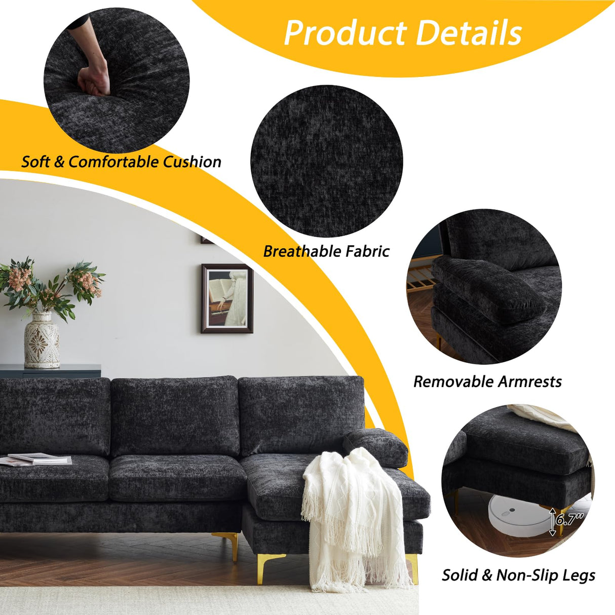 Karl home Convertible Sectional Sofa 110" U-Shape Sofa Couch 4-Seat Couch with Chaise ChenilleFabric Upholstered for Living Room, Apartment, Office, Black Karl home