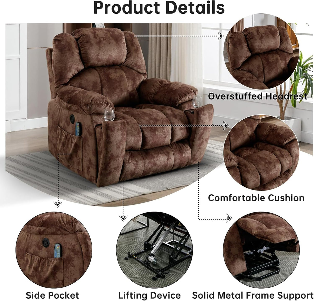 CANMOV Large Power Lift Recliner with Massage and Heat for Elderly, Heavy Duty Lift Recliner for Seniors with USB Port, 2 Hidden Cup Holders (Camel Brown) CANMOV