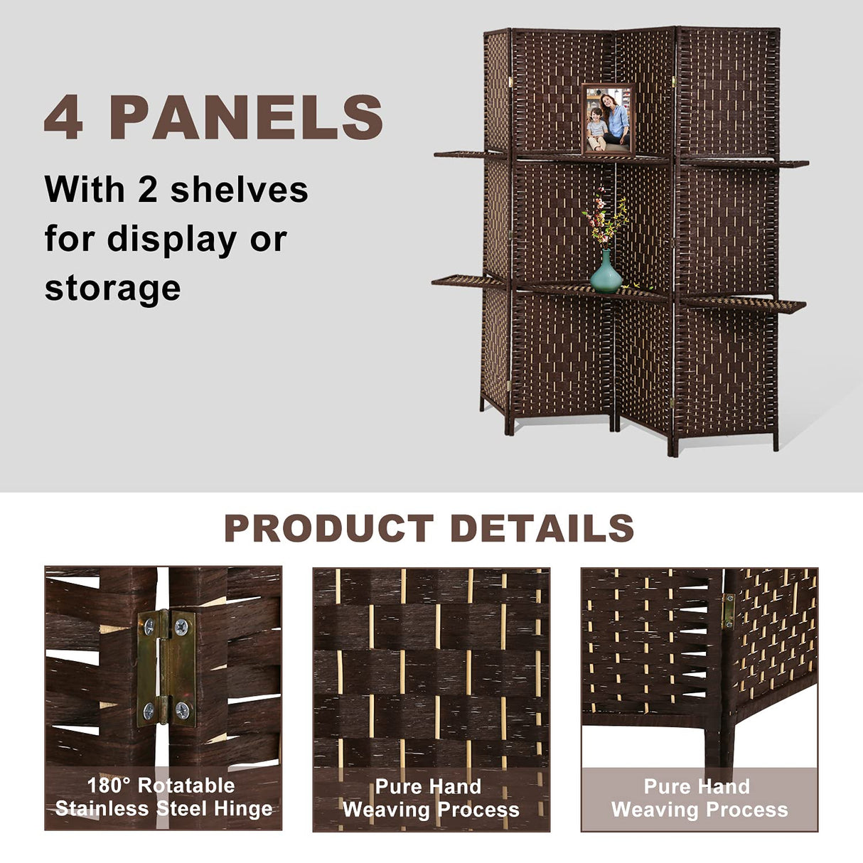 Room Dividers and Folding Privacy Screens 4 Panel 67 Inch Tall Portable Room Seperating Divider w/ 2 Display Shelves Solid Wood Room Partitions and Dividers Freestanding for Home, Office Dkeli