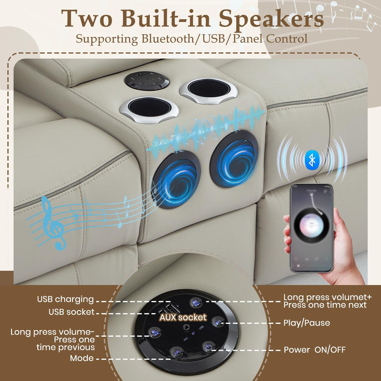 Neptane Power Reclining Sofa Set with LED Reading Light/Storage Drawer, Power Loveseat Recliner Sofa, Reclining Loveseat with Bluetooth Speakers/Outlets/Breathing Leather (Grey, Sofa+Loveseat) Neptane