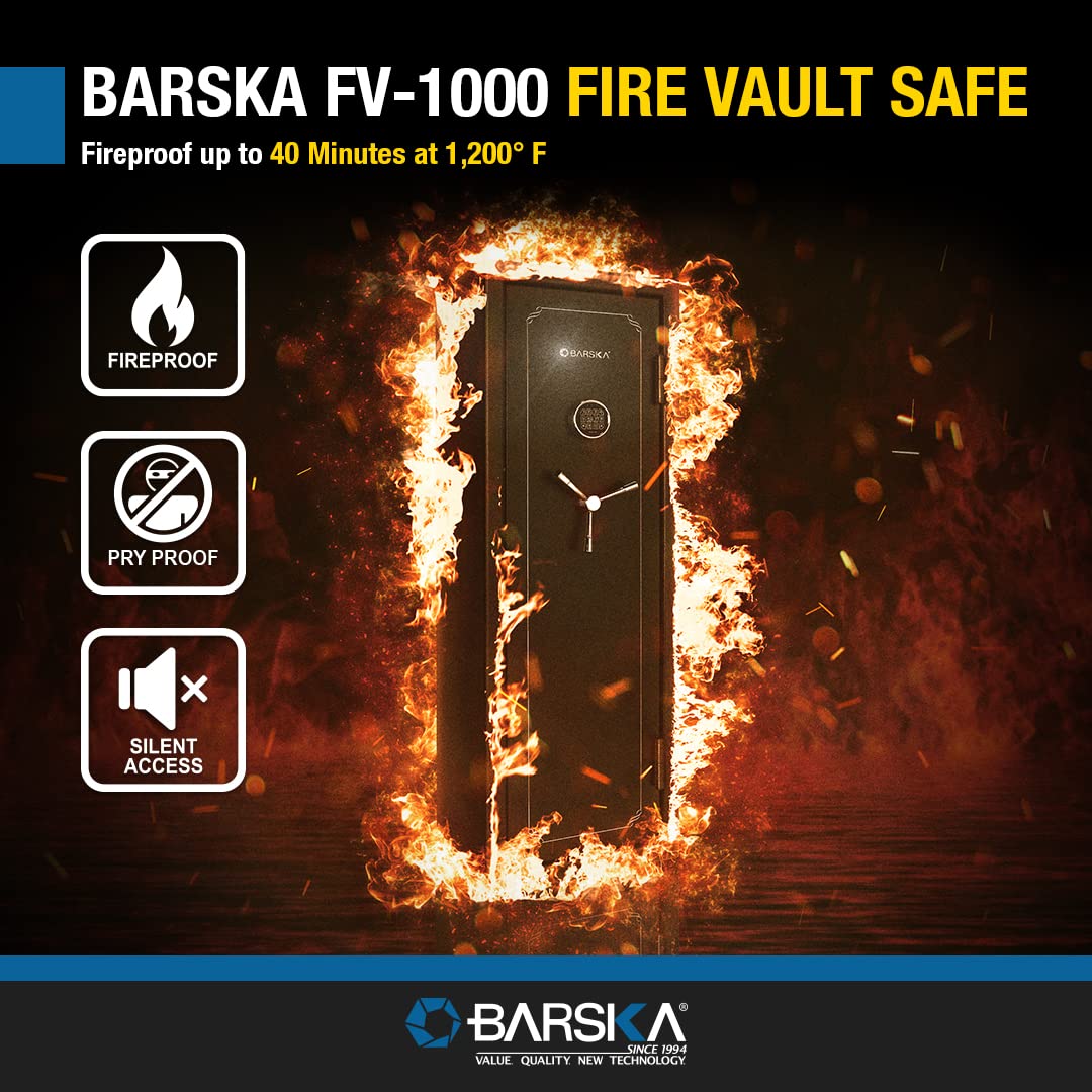 Barska FV-1000 Fireproof Vault Safe – 14-Rifle Capacity with Electronic Keypad, Pry-Resistant Door, 3 Steel Deadbolts, Fireproof 40 Min @1200°F, Removable Shelf Barska