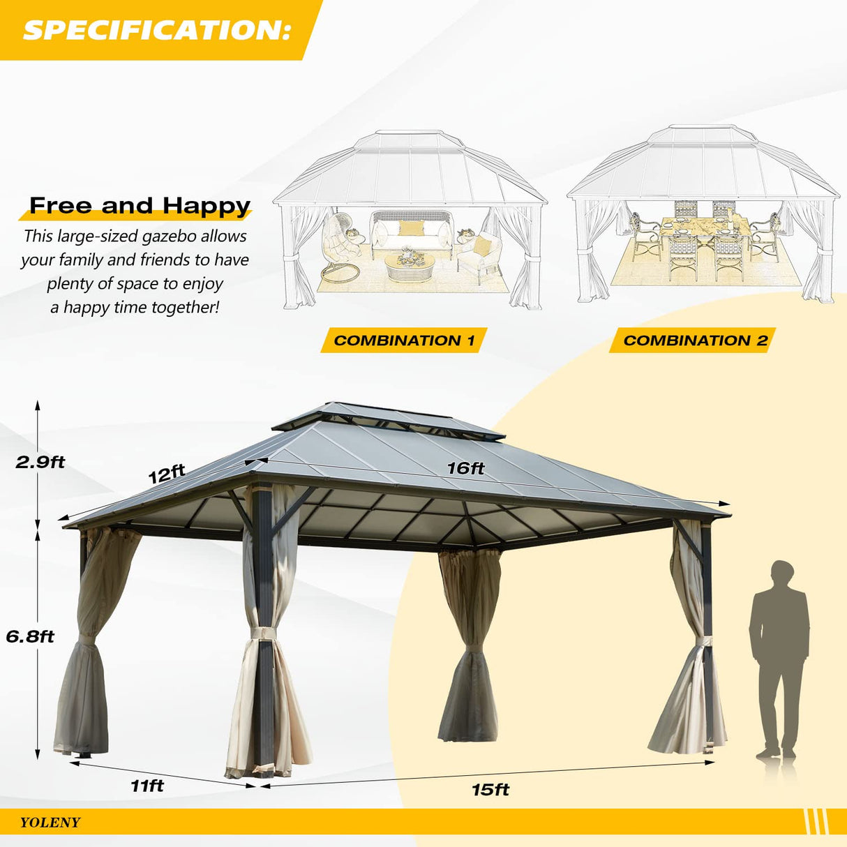 YOLENY 12' x 16' Hardtop Gazebo, Permanent Outdoor Aluminum Patio Gazebo with Aluminum Composite Double Roof for Patio Lawn and Garden, Curtains and Netting Included YOLENY
