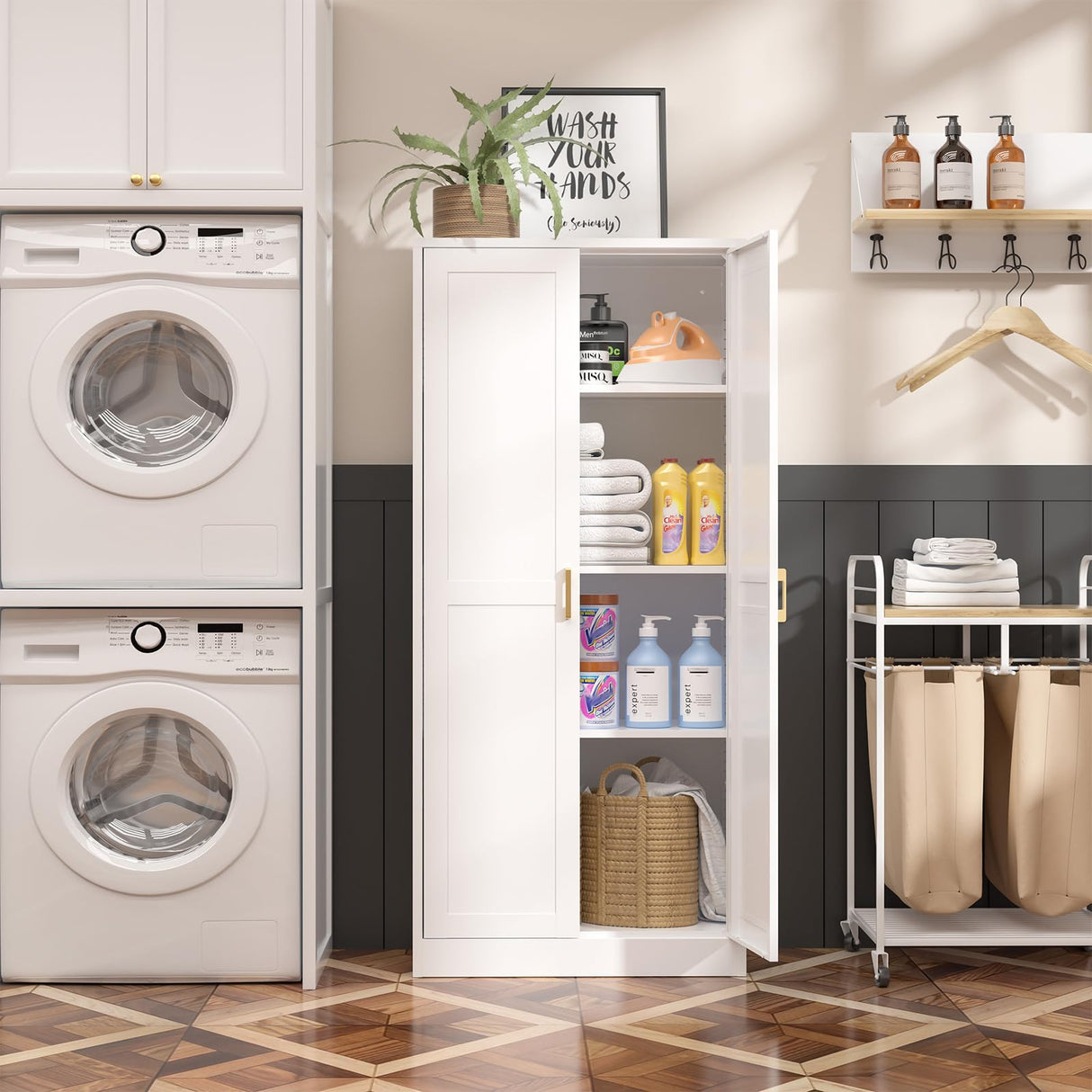 Kitchen Cabinet Storage,60”Metal Pantry Cabinet with Doors and 3 Adjustable Shelves,Food Pantry Cabinets with 2 Gold Handles,White Tall Storage Cabinet for Livingroom,Pantry,Bathroom,Kitchen SteeLoong