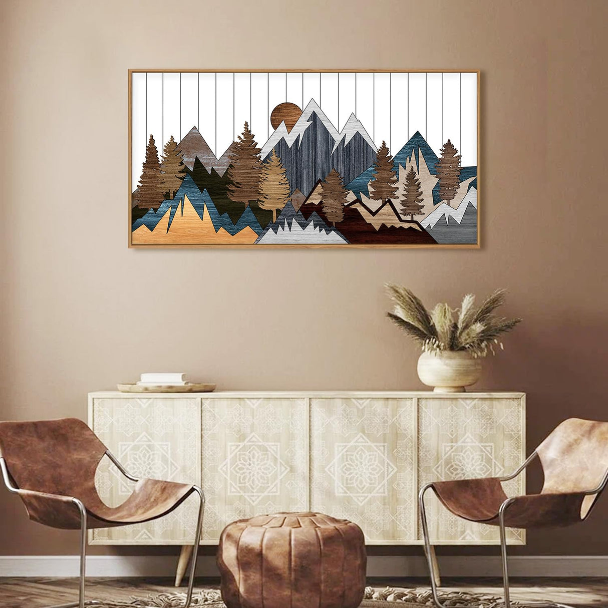 CHDITB Framed Wood Mountain Wall Art, 20"x40" Large Country Woodcut Style Wall Decor, Rustic Forest Nature Wall Painting, Modern Canvas Art Prints for Living Room, Bedroom, Farmhouse, Office CHDITB