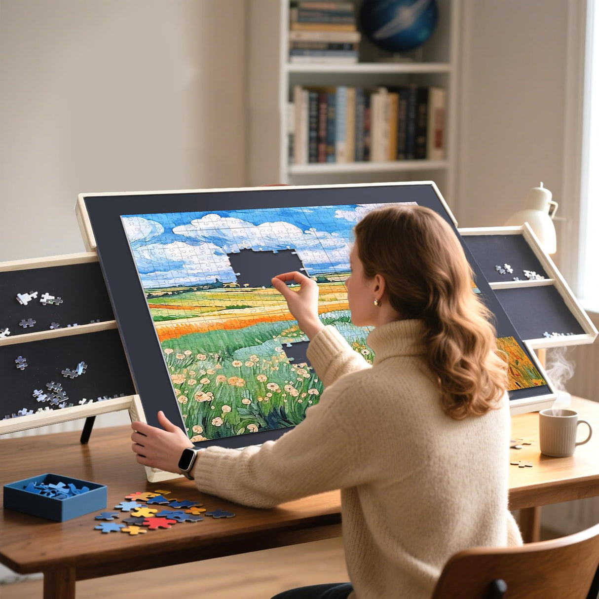 Rotating Puzzle Board 1500 Pieces - Adjustable Puzzle Table with Drawers & Dust Cover, 27x35 Inch Portable Wooden Jigsaw Board, Ergonomic Tilt for Adults, Gift for Mom Kids Wdmiya