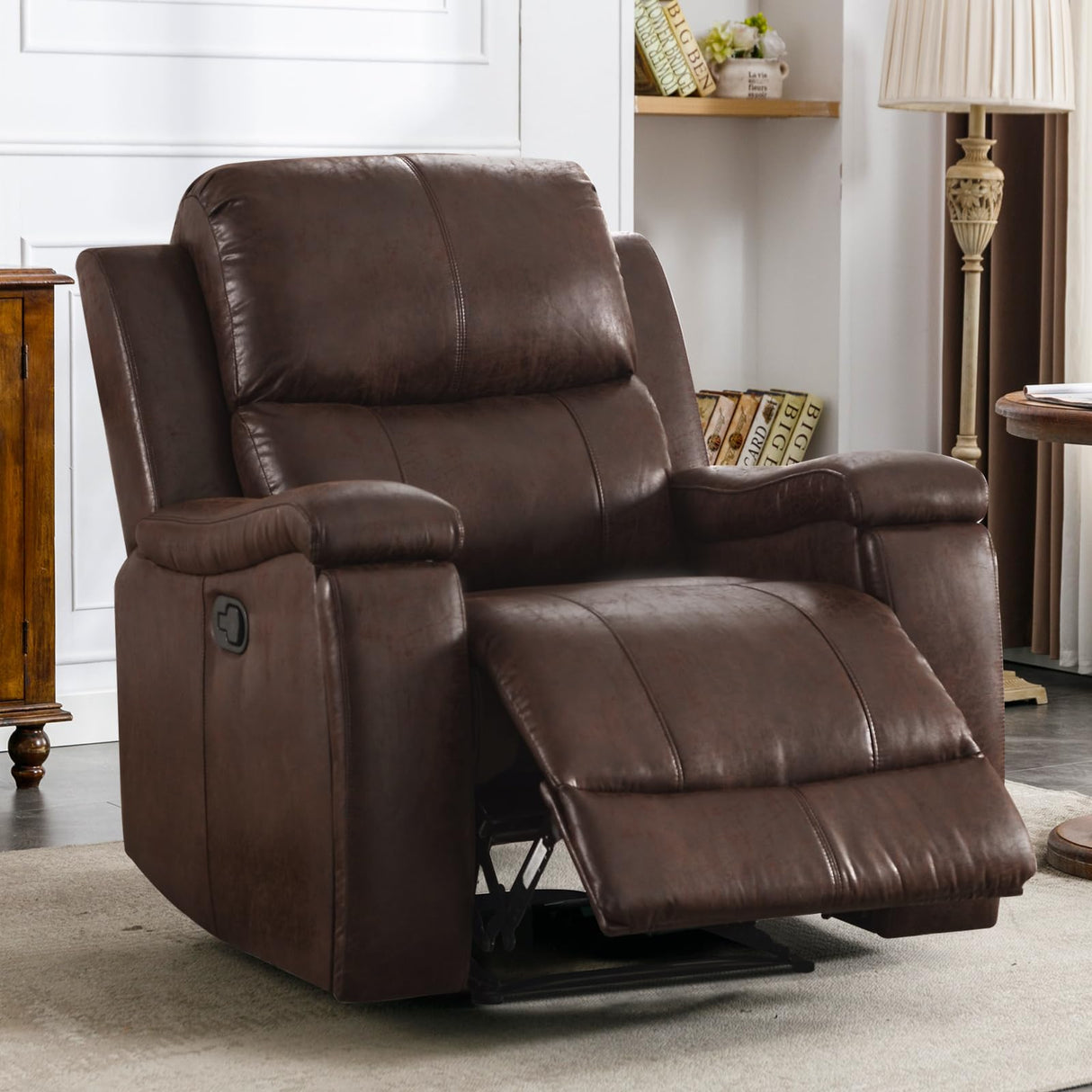 CANMOV Leather Recliner Chair Set of 2, Classic and Traditional Manual Recliner Chair with Overstuffed Arms and Back, Manual Single Sofa with Concealed Cup Holders,Red Brown CANMOV
