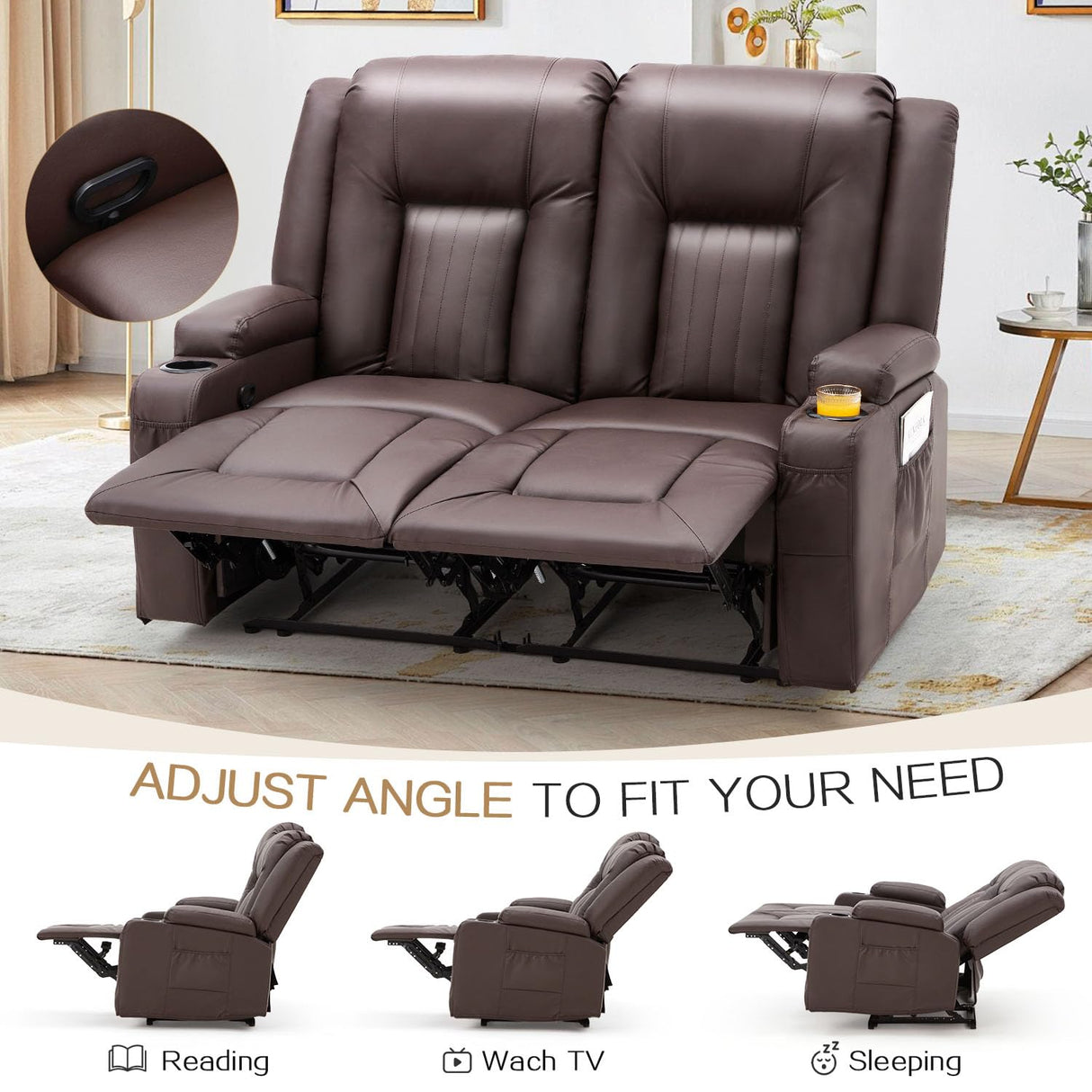 YODOLLA Loveseat Recliner with Cup Holders&Side Pockets, Home Theater Seating Manual RV Reclining Couch Sofa Double Recliner, Brown YODOLLA
