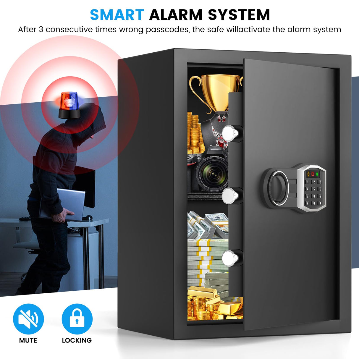 3.5 Cub Large Home Safe Fireproof Waterproof, Digital Fire proof Safe Box With Fireproof Bag, Combination Lock and Alarm Systerm, Anti-theft Safes for Home Files Ammo Pockrif