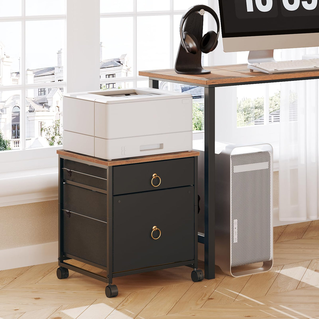 HOOBRO File Cabinet, 2-Drawer Filing Cabinet, Vertical Mobile Office Cabinet, Rolling Printer Stand, for A4/Letter Size Files, Nonwovens Drawer, for Home Office, Rustic Brown and Black BFK21WJ01 HOOBRO
