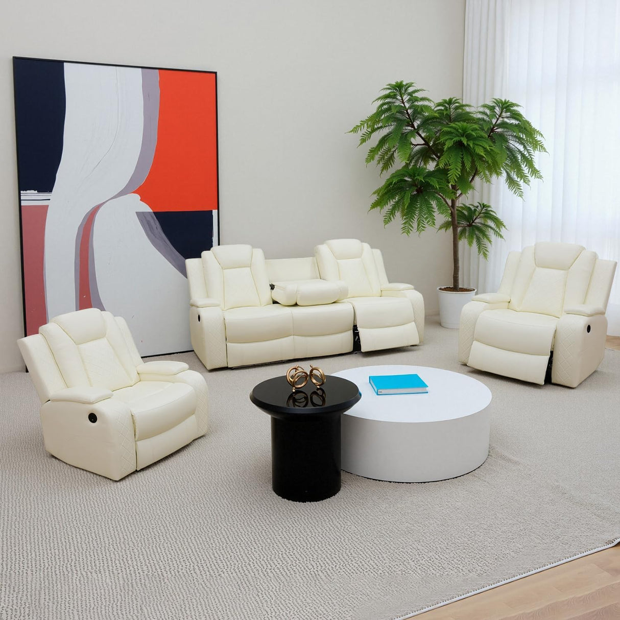 GEBADOL Leather Power Recliner Set with LED, 3-Piece Recliner Sofa and Loveseat Chair with Storage Console/Charging Port, Modern Reclining Furniture for Living Room (Cream-White, Sofa+2 Chairs) GEBADOL