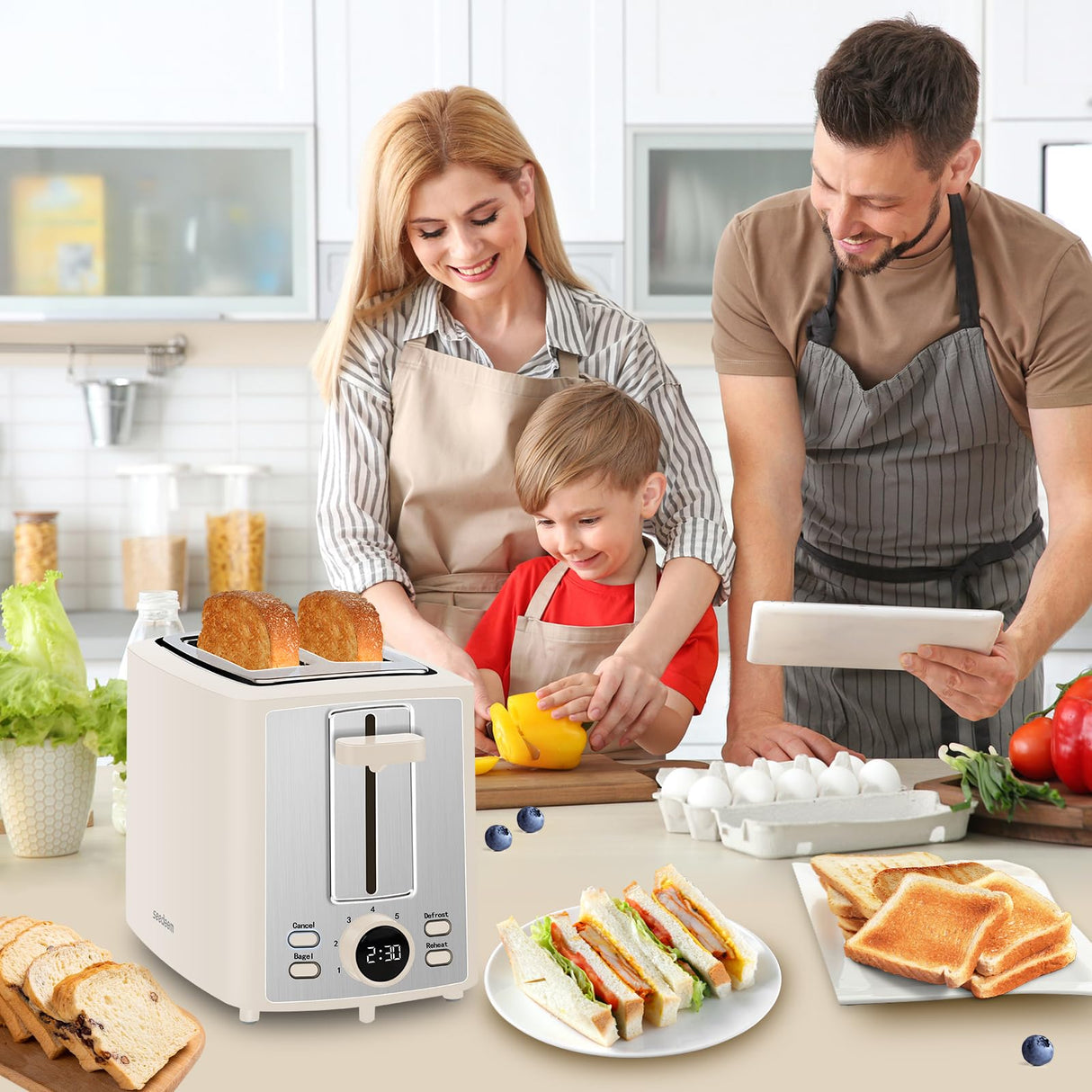 SEEDEEM Toaster 2 Slice, Bread Toaster with LCD Display, 7 Shade Settings, 1.4'' Extra Wide Slots Toaster with Cancel, Bagel, Defrost, Reheat Functions, Removable Crumb Tray, 900W, Cream White SEEDEEM