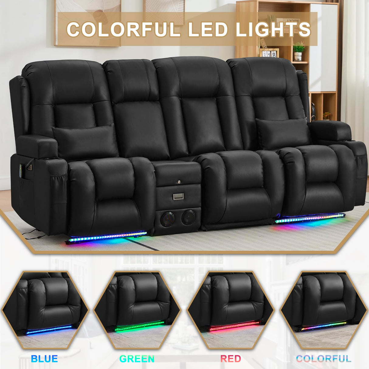 URRED Loveseat Recliner Sofa with Massage and Heat, Power Reclining Loveseat Sofa RV Couch with Console and Middle Seat, 3-Seater Home Theater Seating with LED Lights, Faux Leather, Black URRED