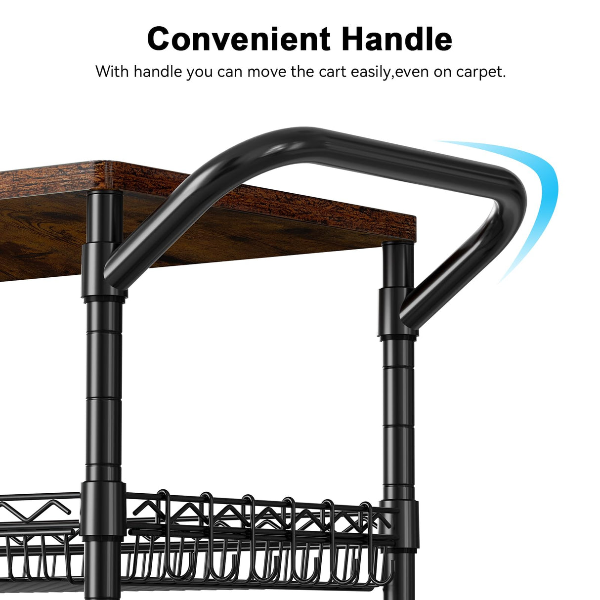 WDT 3 Tier Rolling Carts with Wheels, Heavy Duty Rolling Utility Cart with Wood Tabletop, Commercial Grade Metal Cart with Handle and Hooks, NSF Storage Serving Carts for Kitchen Island, Wood+Metal WDT