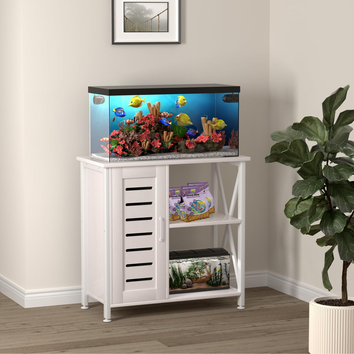 Herture 20-29 Gallon Fish Tank Stand, Aquarium Stand with Cabinet Accessories Storage, Heavy Duty Metal Frame, 31.49" L*15.74" W Tabletop, 330LBS Capacity,White PG07YGW Herture
