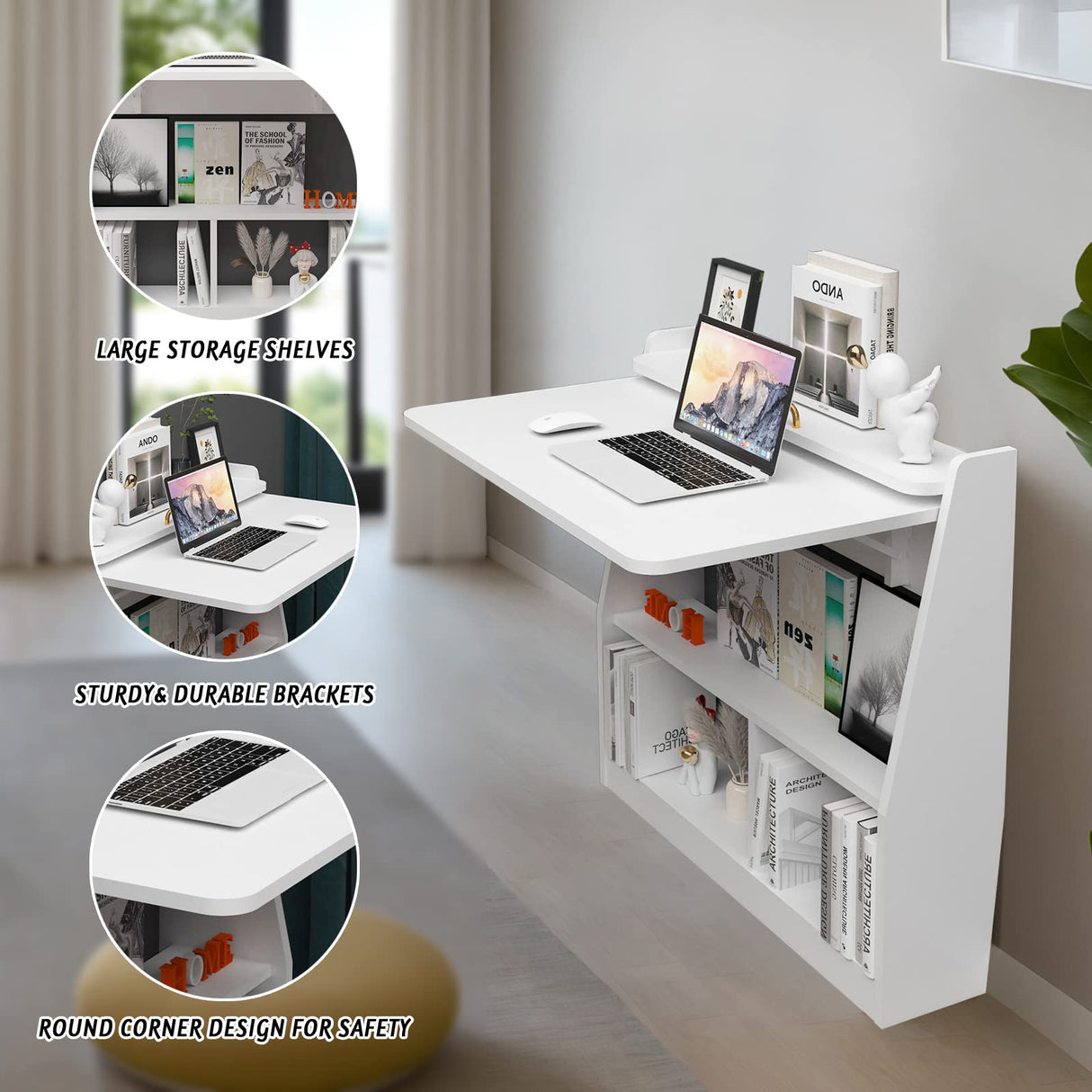 Wall-Mounted Folding Desk with Storage Shelf - Space-Saving Wooden Design in White Pmnianhua