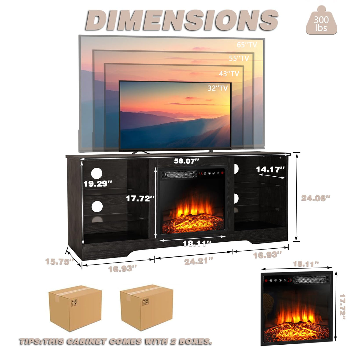 LEMBERI 58 Inches Fireplace TV Stand for TVs up to 65 Inches Console with 18'' Electric Fireplace & Remote, Wooden Modern Entertainment Center for Living Room with LED Light Glass Shelves (Black) LEMBERI