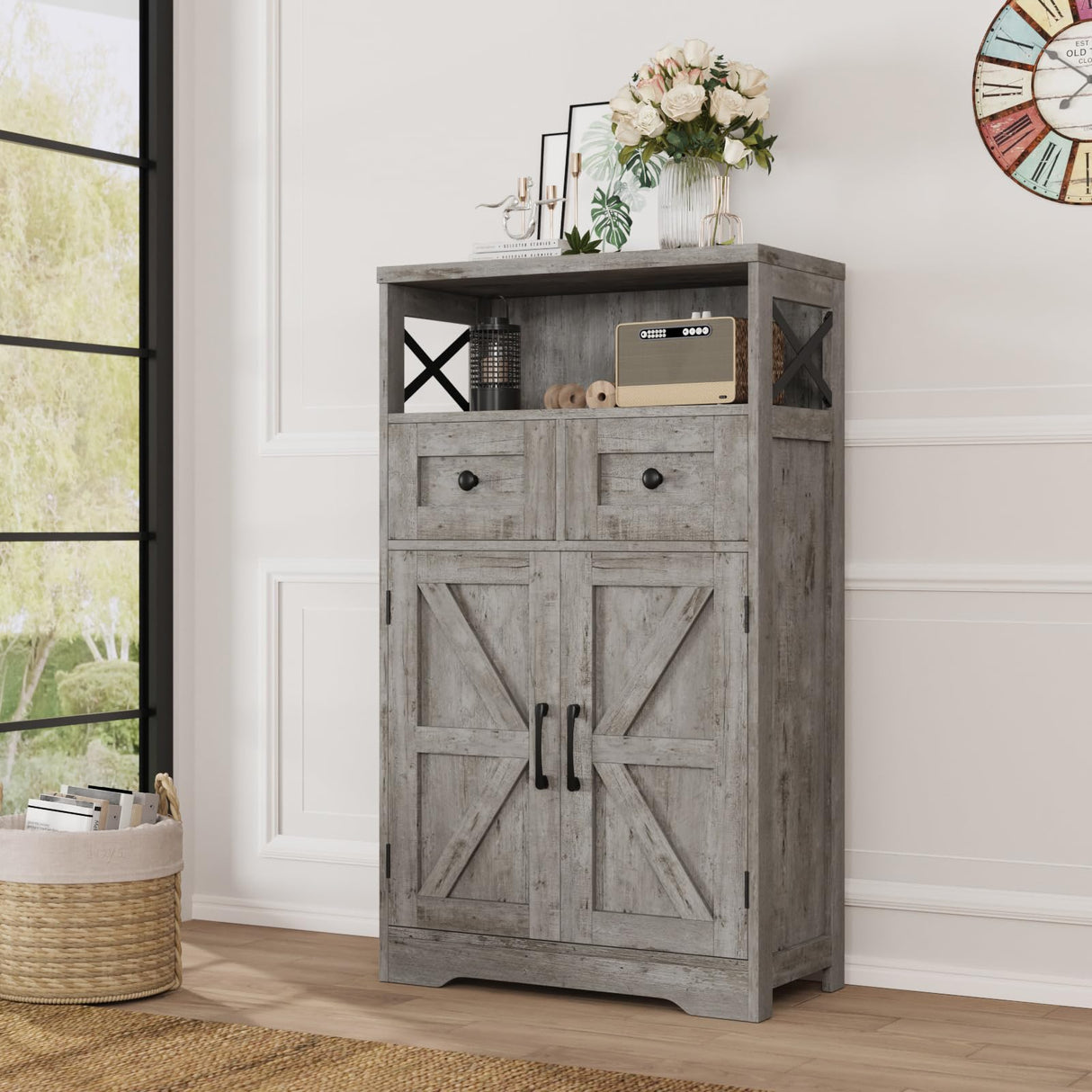 Befrases Farmhouse Storage Cabinet with Drawers and Adjustable Shelves, Freestanding Kitchen Pantry Storage Cabinet, Floor Storage Cupboard for Dining Living Room Home Office, Washed Grey Befrases