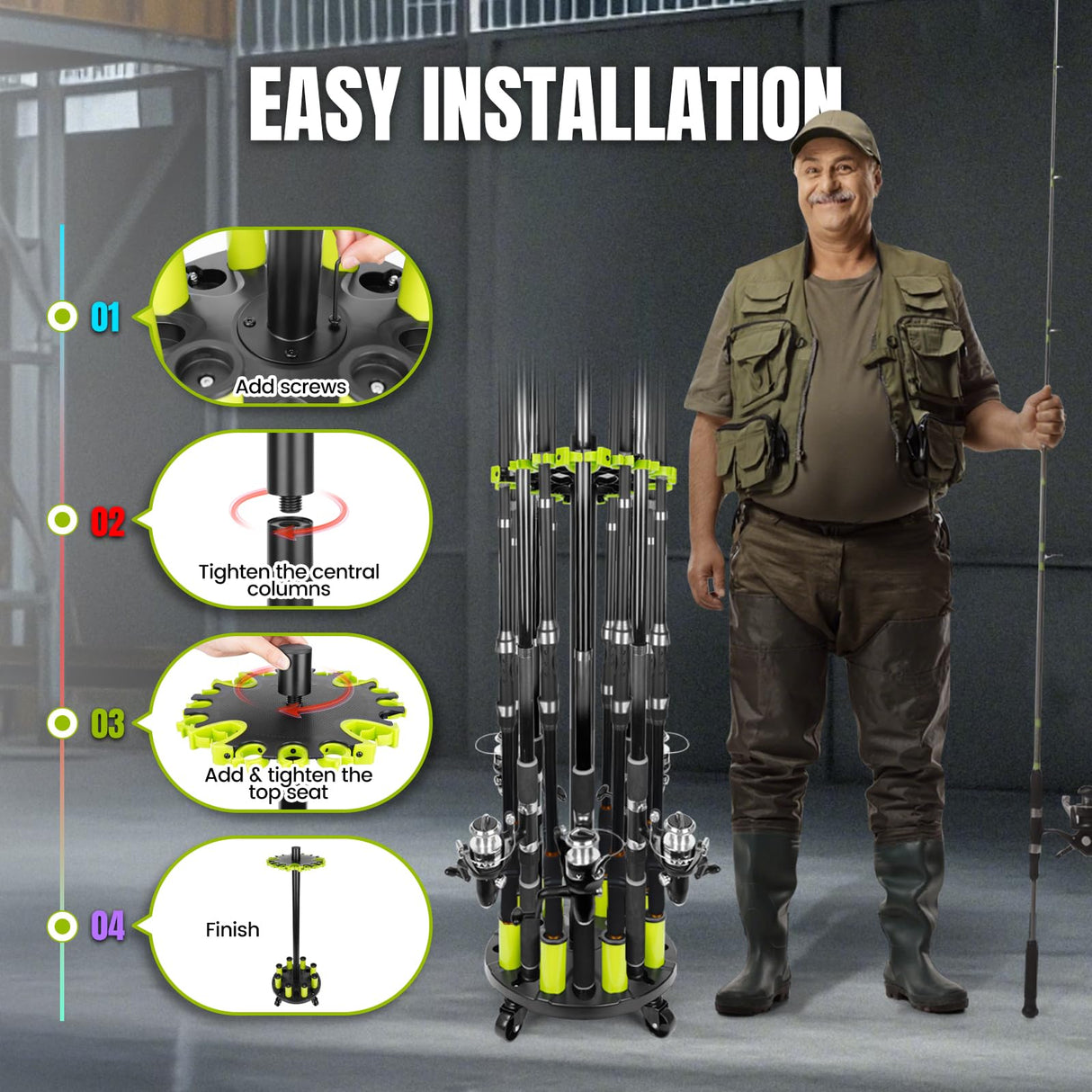 Hikeen Fishing Rod Holder, Fishing Pole Holders for Garage, Rod Rack Holds Up to 20 Rods with Rolling Wheels, Fishing Gear Equipment Storage Organizer, Fishing Gifts for Men Hikeen