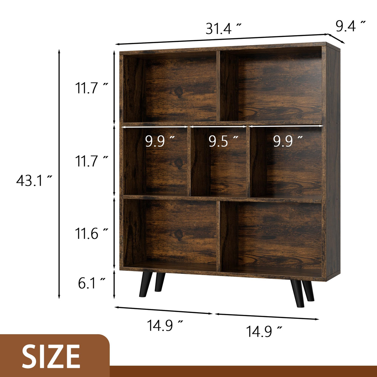 Shintenchi Cube Storage Organizer, 3 Tier Mid-Century Bookcase with Legs Cubeicals Retro Wood Organizer Storage Bookcase, Freestanding Open Book Shelves for Bedroom,Living Room,Office(Brown) Shintenchi