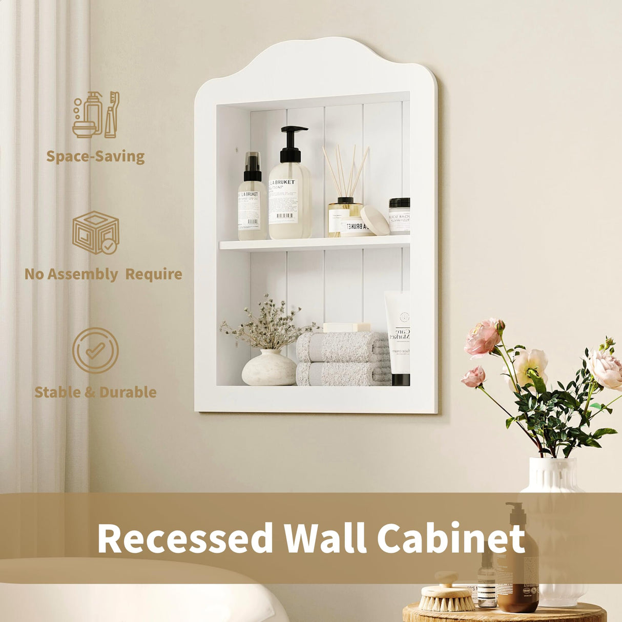 CJL 14'' x 18'' Recessed Medicine Cabinet, Solid Wood in-Wall Bathroom Cabinet, Arched Wall Niche Shelf, 2-Tier, White CJL