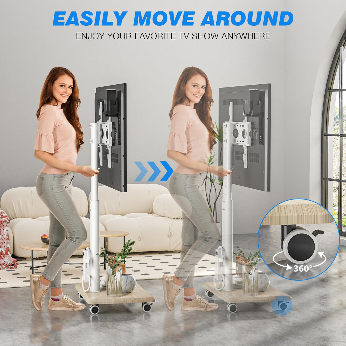 Rfiver Sleek Rolling TV Stand with Power Outlet for Home Decor, Height Adjustable Portable TV Stand on Wheels for 32-70 Inch TVs, Strong Tall Mobile TV Cart with Mount Up to 88 lbs, White Rfiver